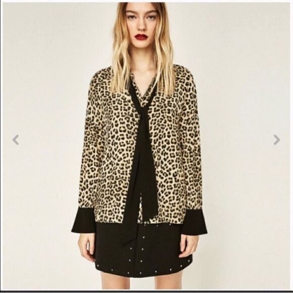 Zara Animal Print Button Lapel Bow Blouse - Picture 1 of 8